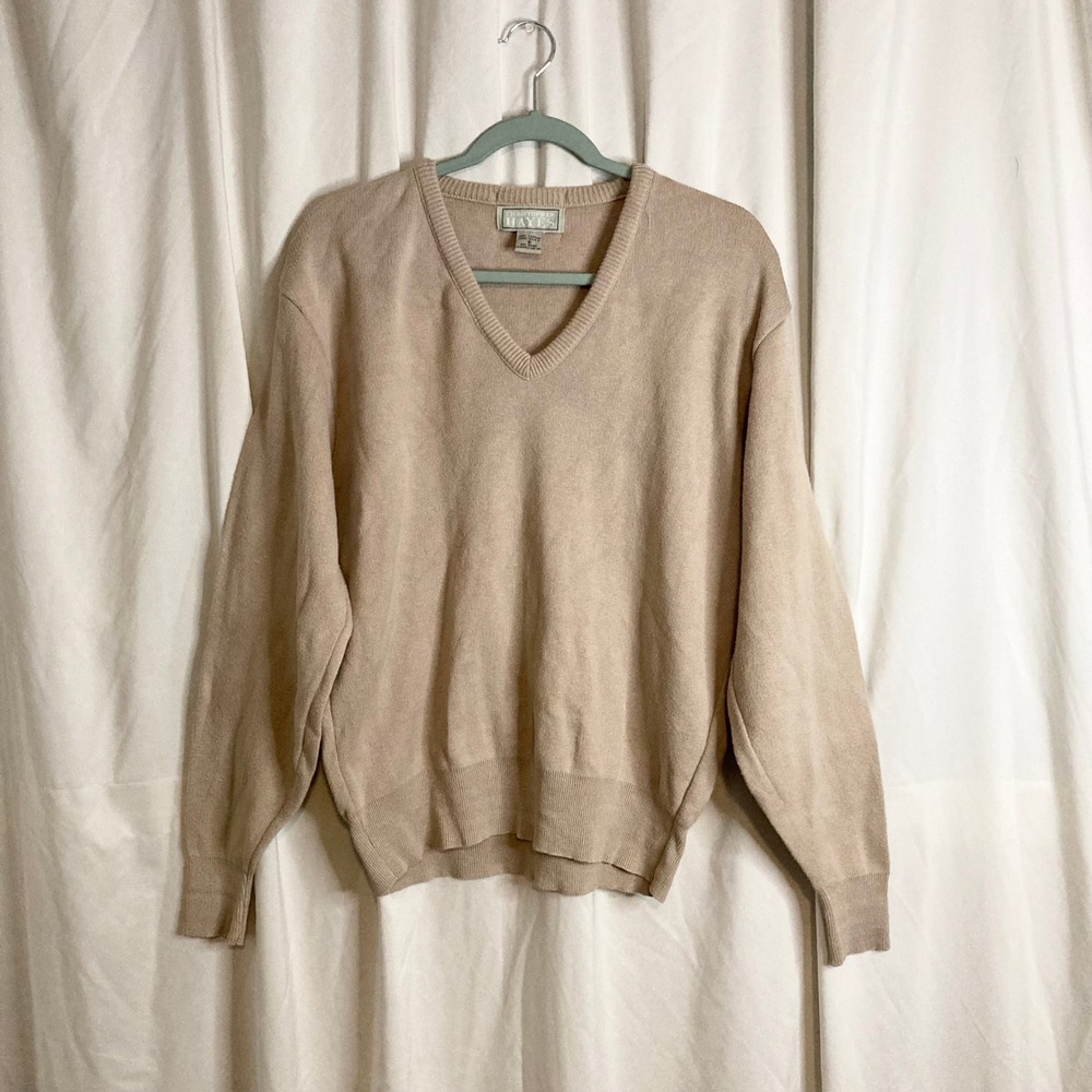 Vintage 80s Christopher Hayes Beige V-Neck Sweater Large 100% Cotton Boxy